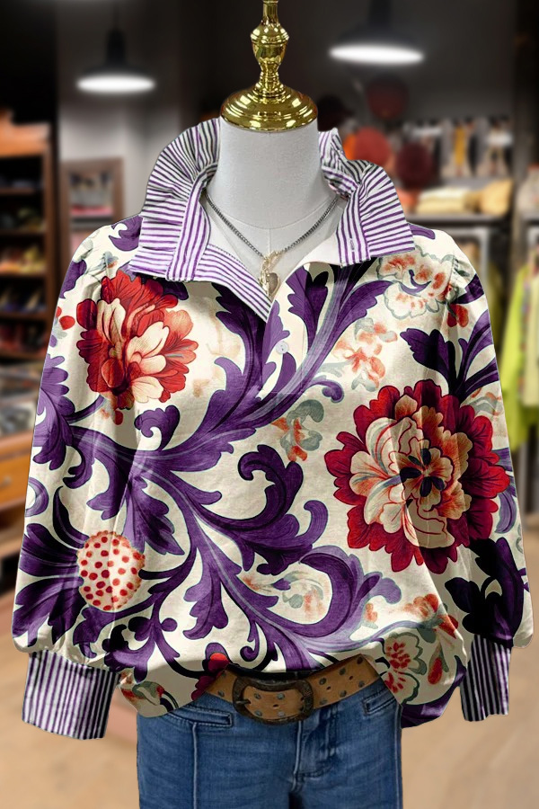 Vintage Floral Print Striped Collar Top