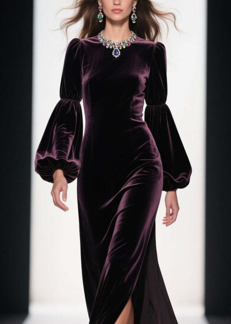 Boutique Purple Side Open Patchwork Velvet Ankle Dress Fall