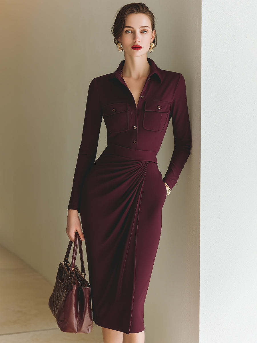 Burgundy Draped Shirt Dress