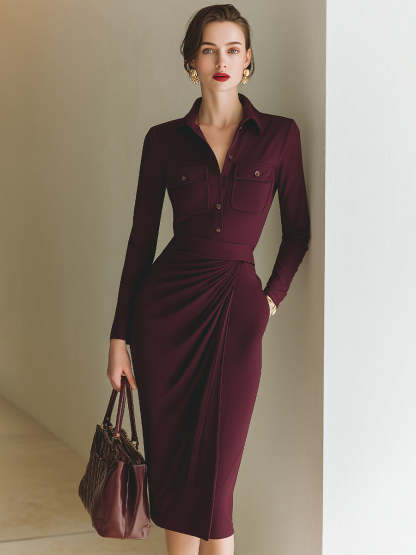 Burgundy Draped Shirt Dress