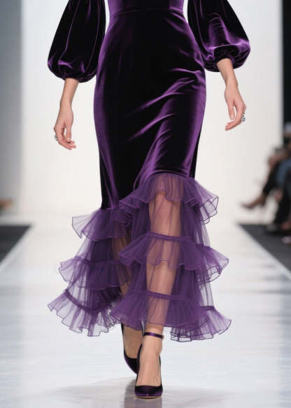 Elegant Purple V Neck Ruffled Patchwork Velvet Maxi Dresses Fall