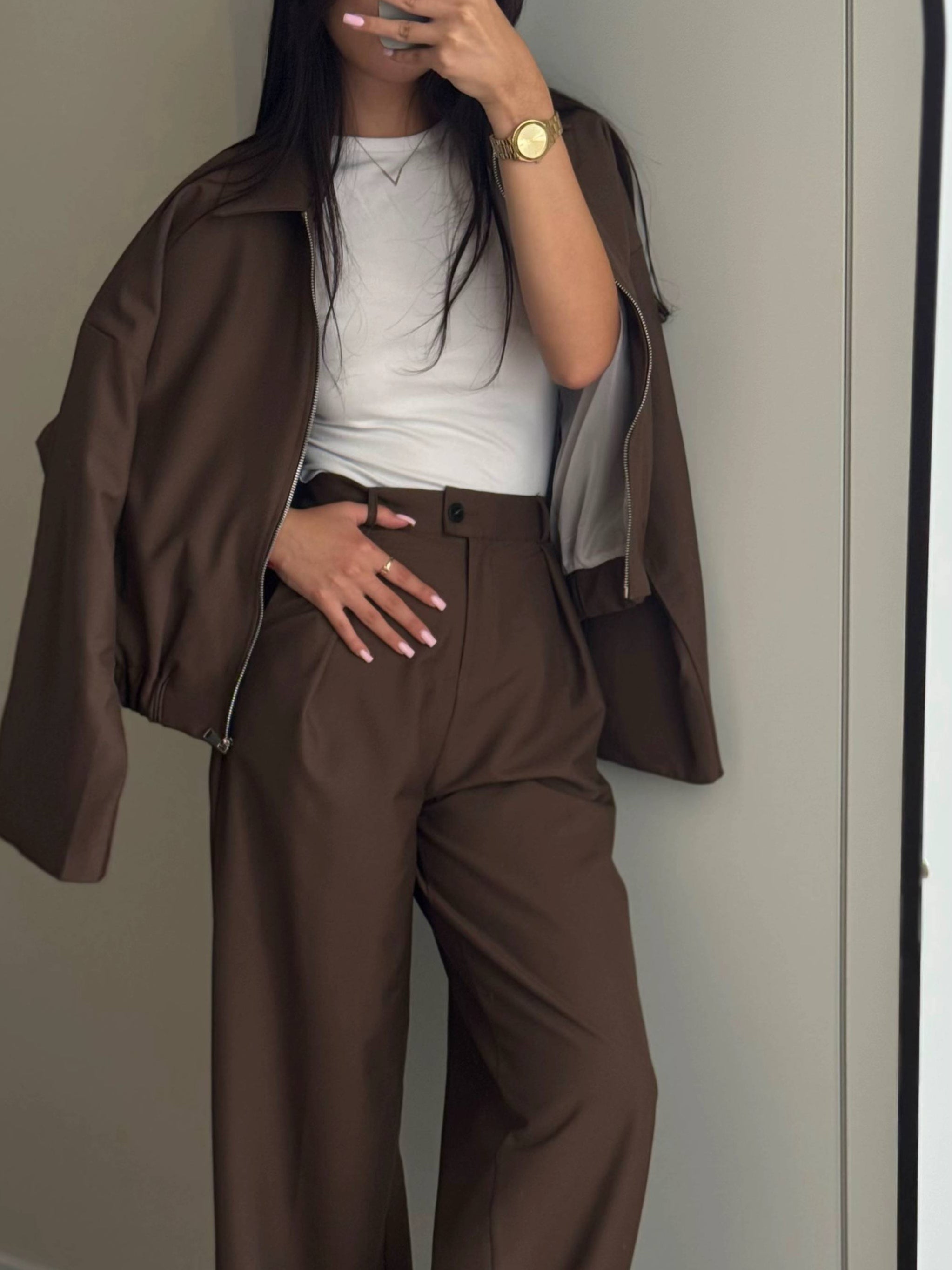 Zippered Jacket And Wide-leg Pants Two-piece Suit