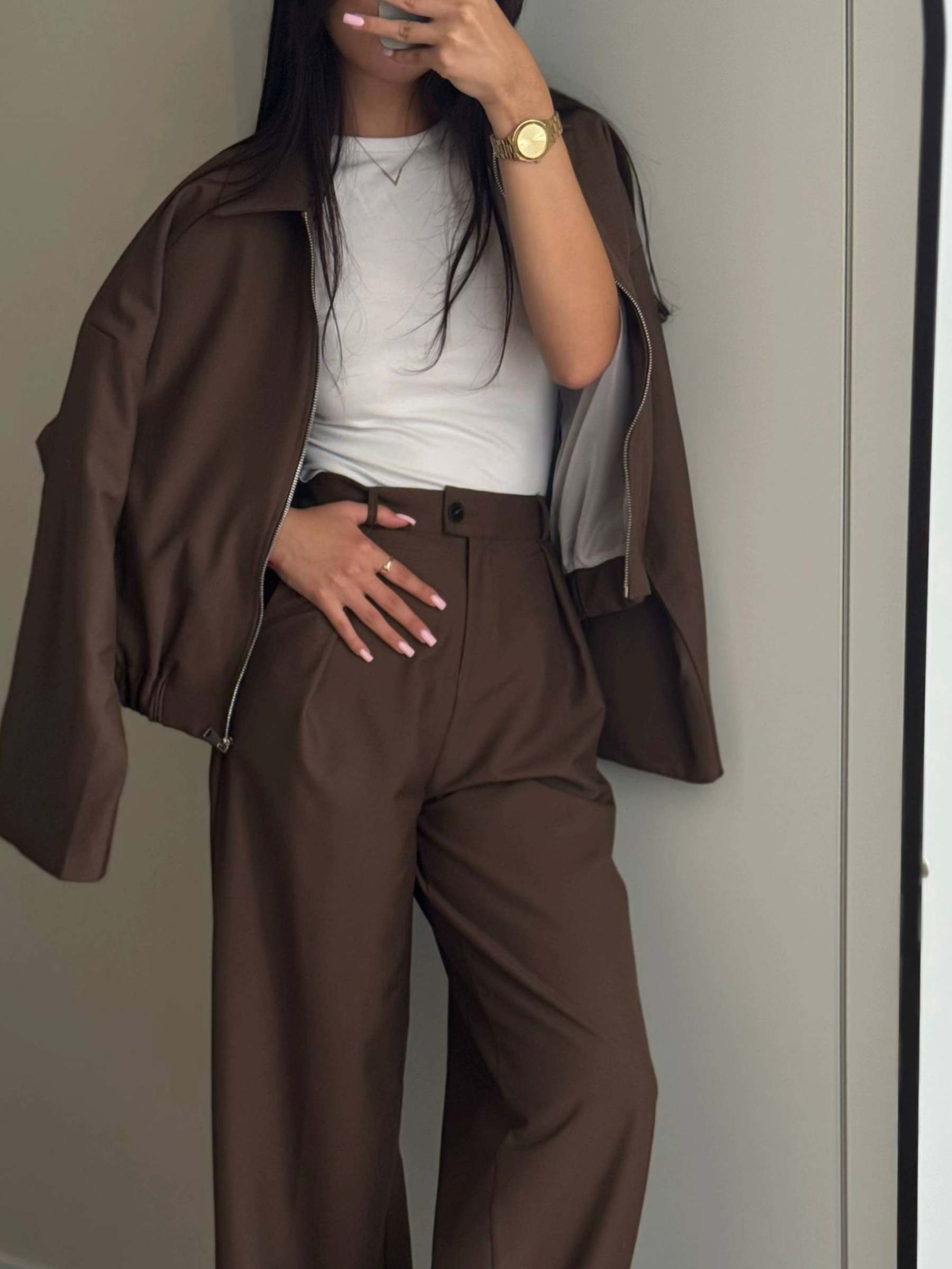 Zippered Jacket And Wide-leg Pants Two-piece Suit