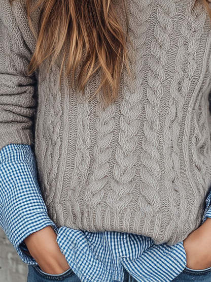 Classic Crewneck Taupe Cable Knit Pullover Sweater