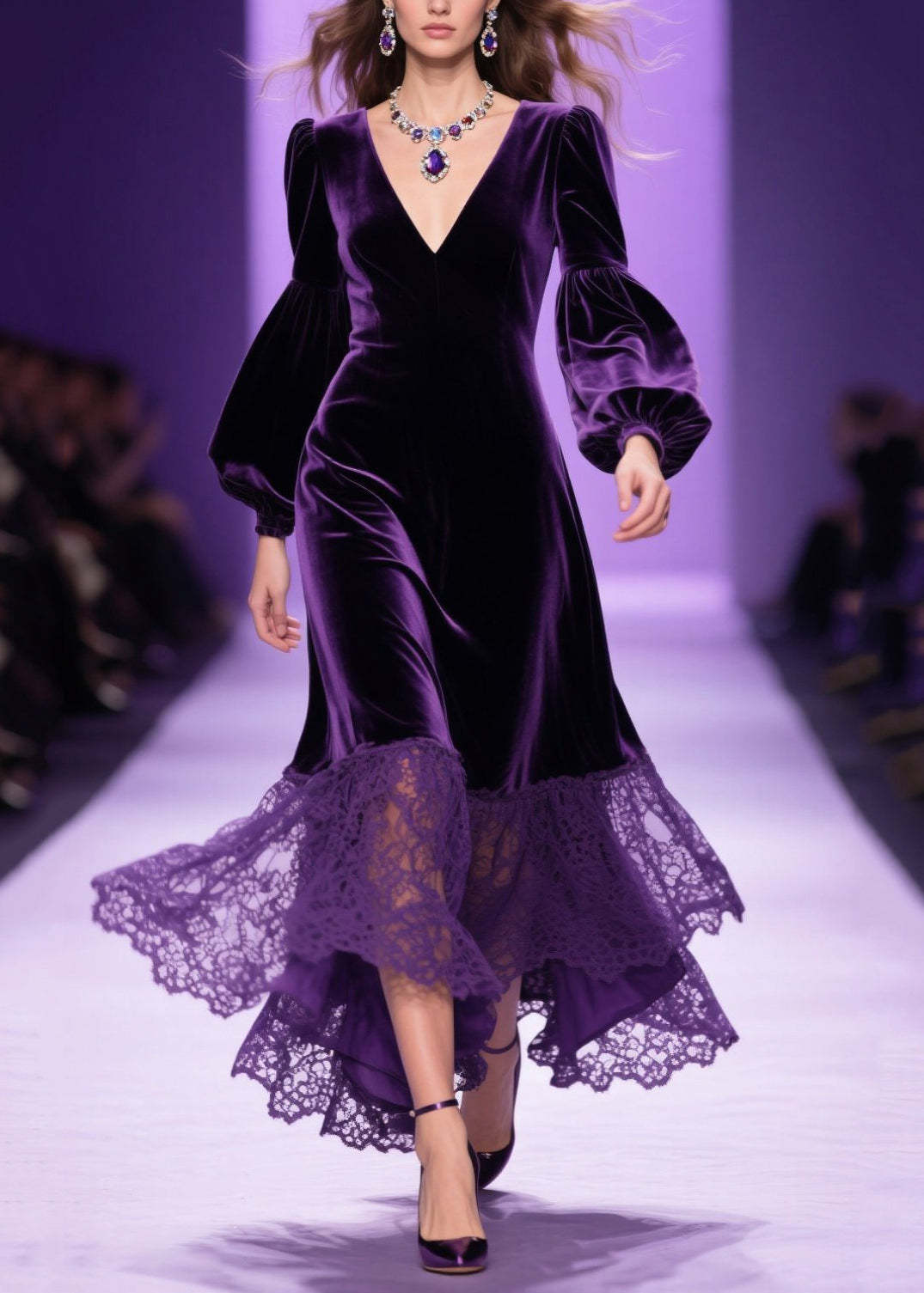 Classy Purple V Neck Lace Patchwork Velvet Dress Fall