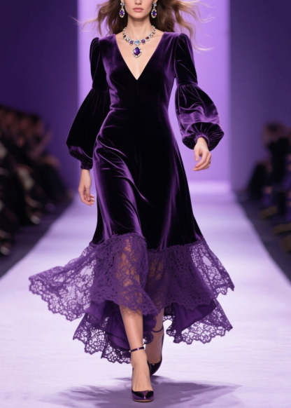 Classy Purple V Neck Lace Patchwork Velvet Dress Fall