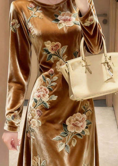 Unique Yellow O-Neck Embroidered Floral Silk Velvet Maxi Dresses Fall