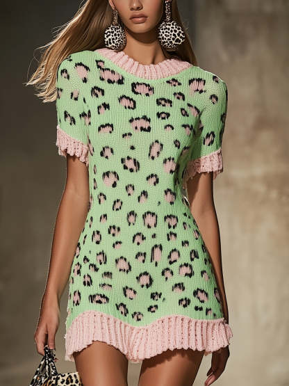 Mint Green And Pink Leopard Print Knit Dress With Frilled Edges