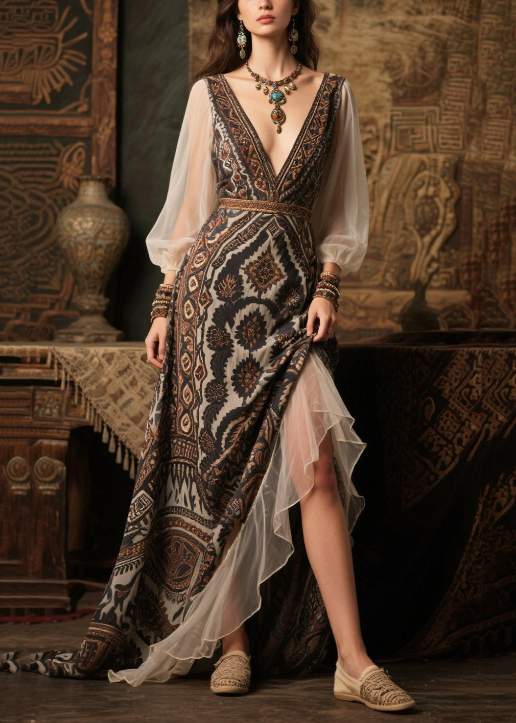 Italian Black V Neck Patchwork Chiffon Long Dress Summer