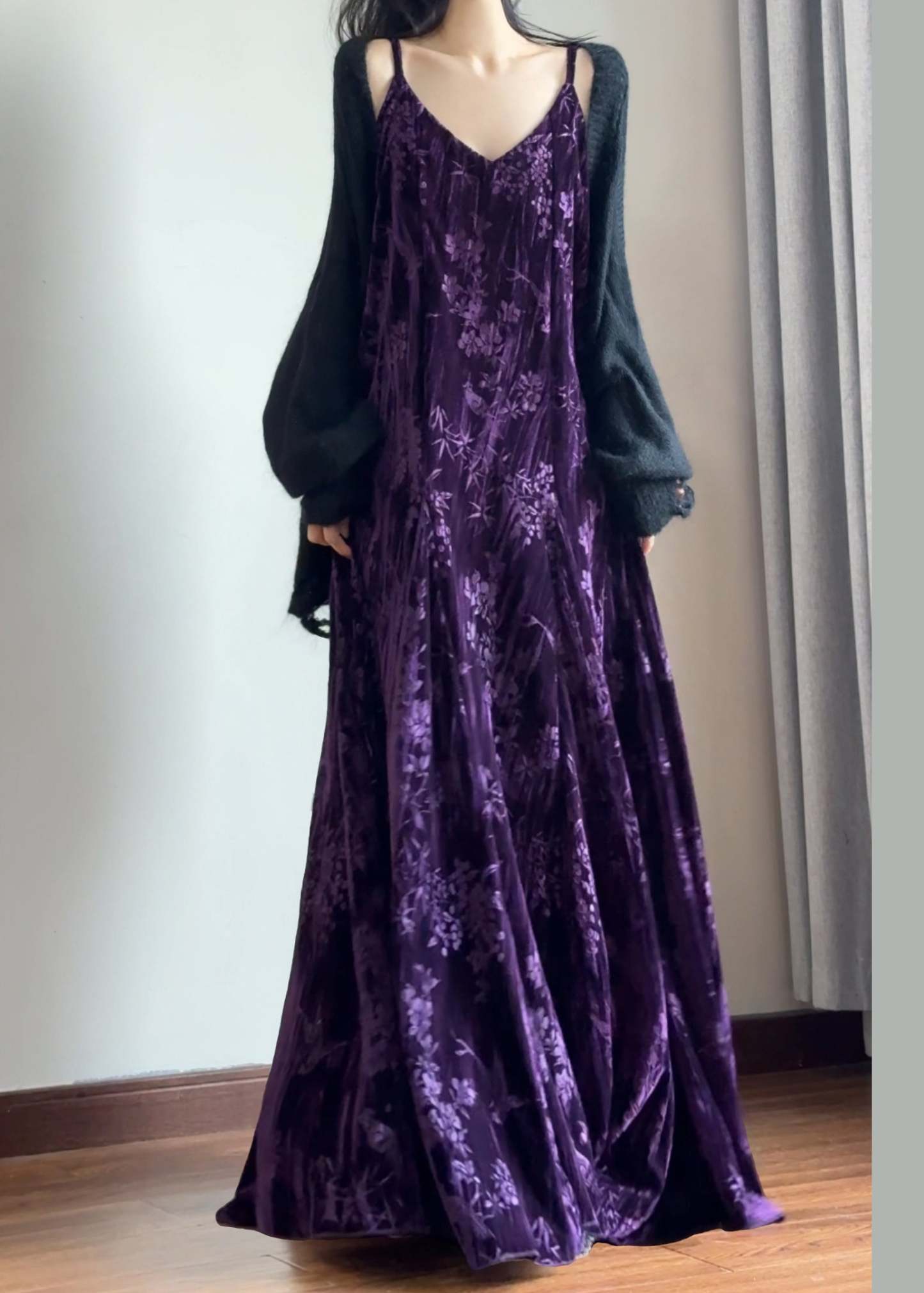 Italian Purple V Neck Jacquard Silk Velvet Spaghetti Strap Dress Sleeveless