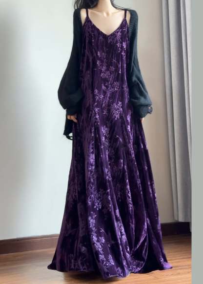 Italian Purple V Neck Jacquard Silk Velvet Spaghetti Strap Dress Sleeveless