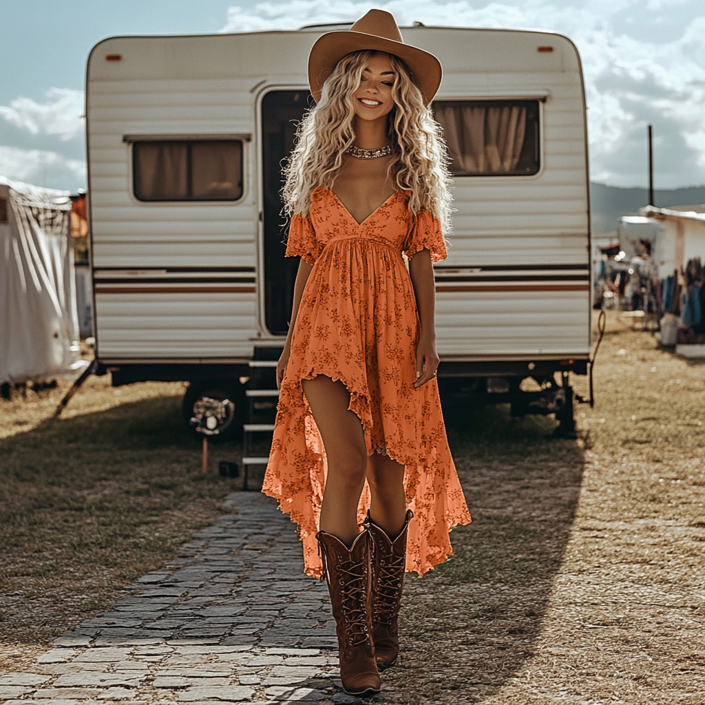 Western Cowgirl Vintage Floral Irregular Hem Dress