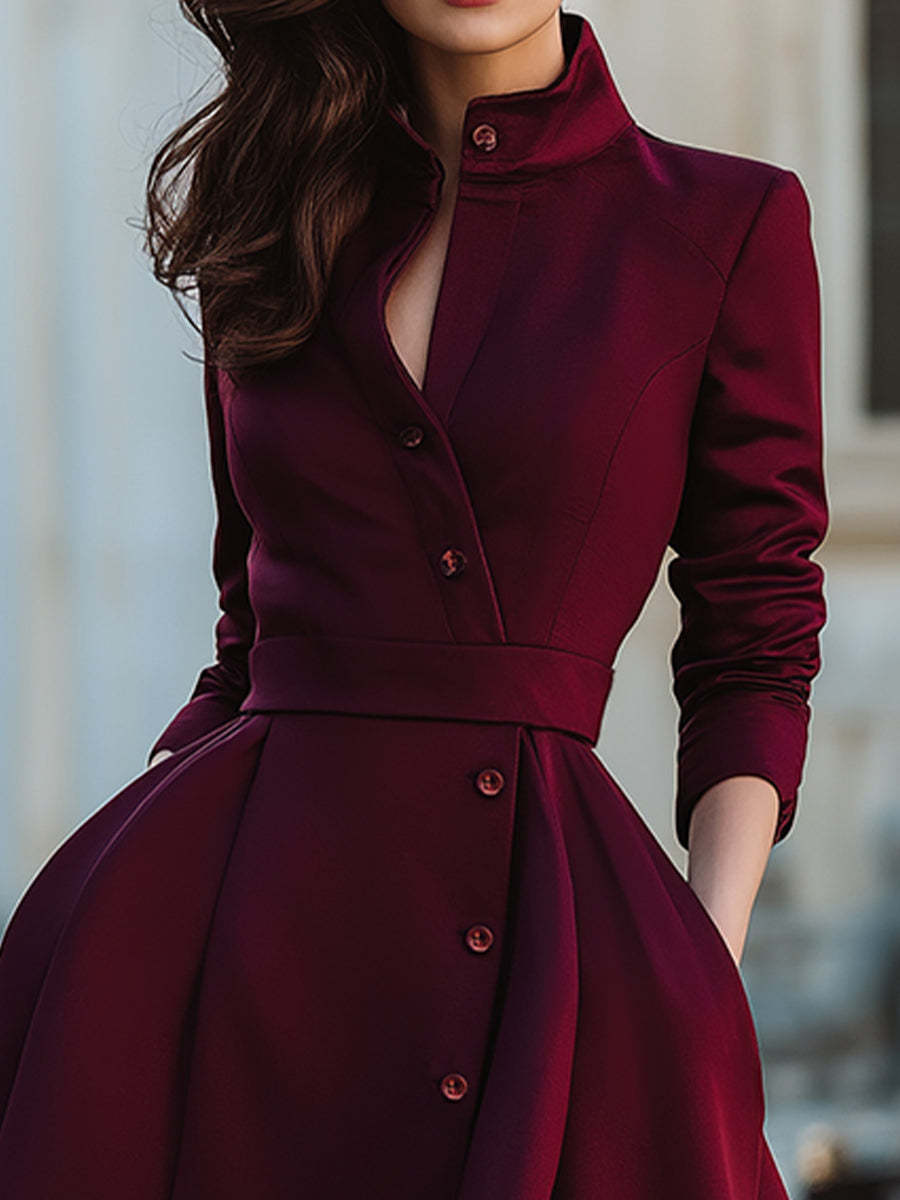 Elegant Band Collar Button-Down Midi Dress With Belt