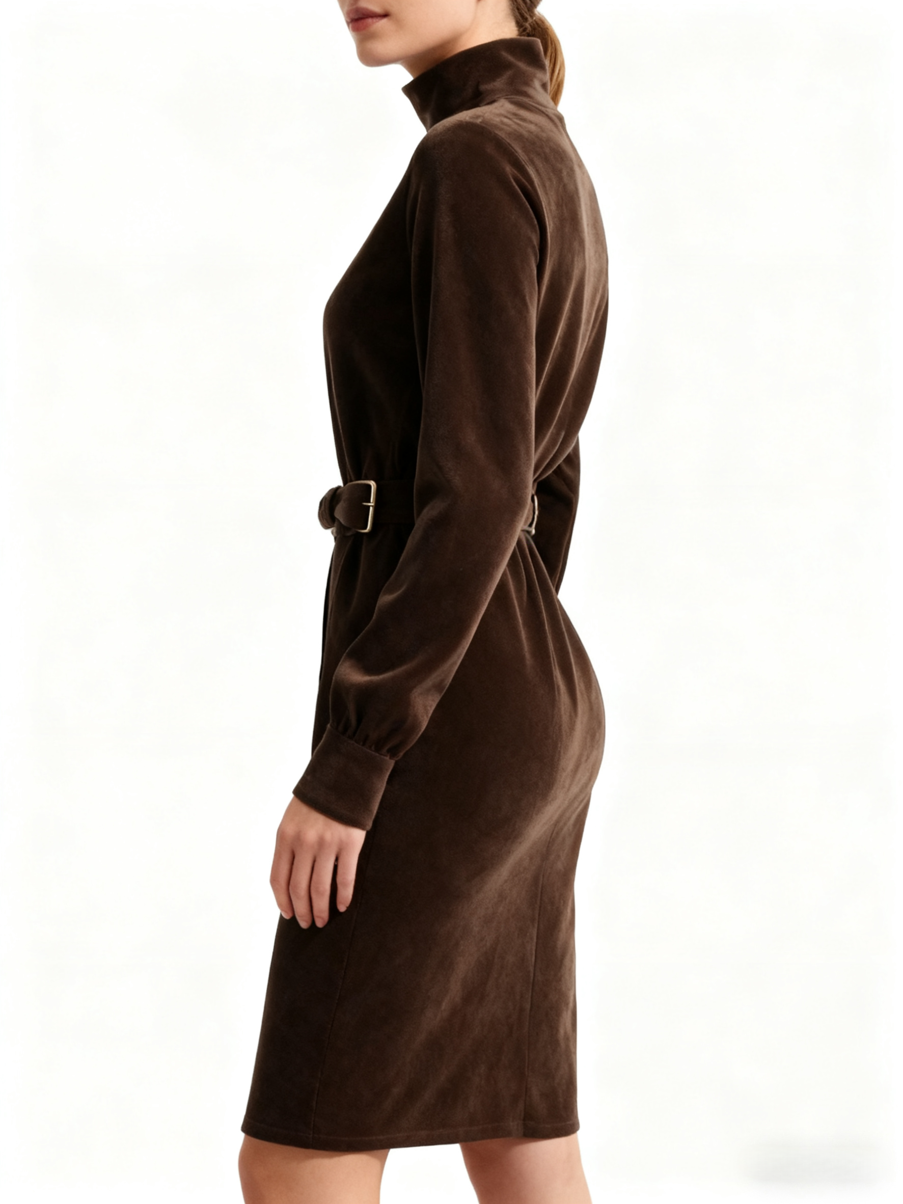 Outdoor Retro Western Style Women's Suede Long Sleeve Mid-Neck Dress