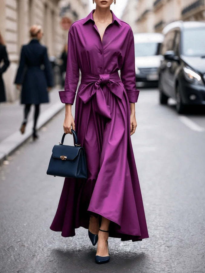 Elegant Long-sleeved Shirt-style Tie Maxi Dress
