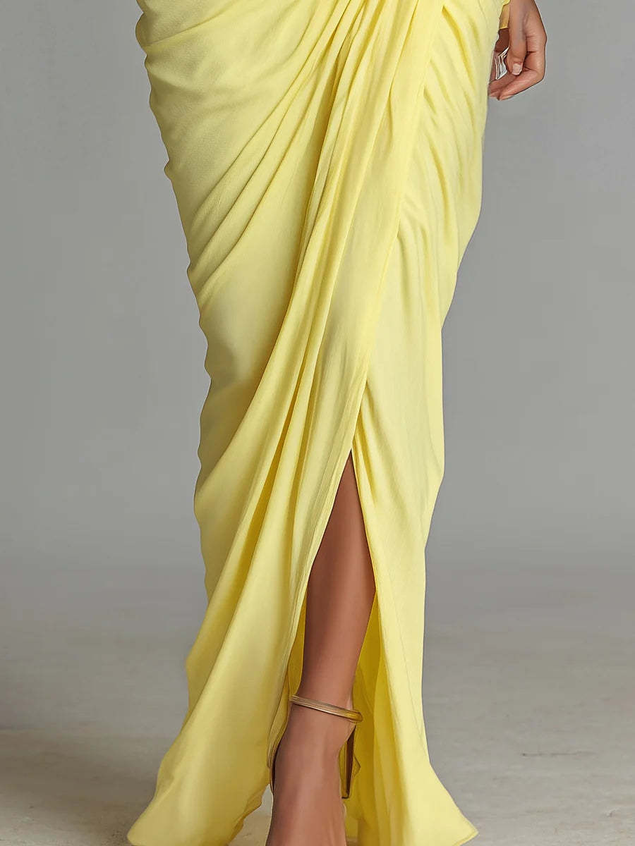 Bright Yellow Drape Comfortable Blended Maxi Dress