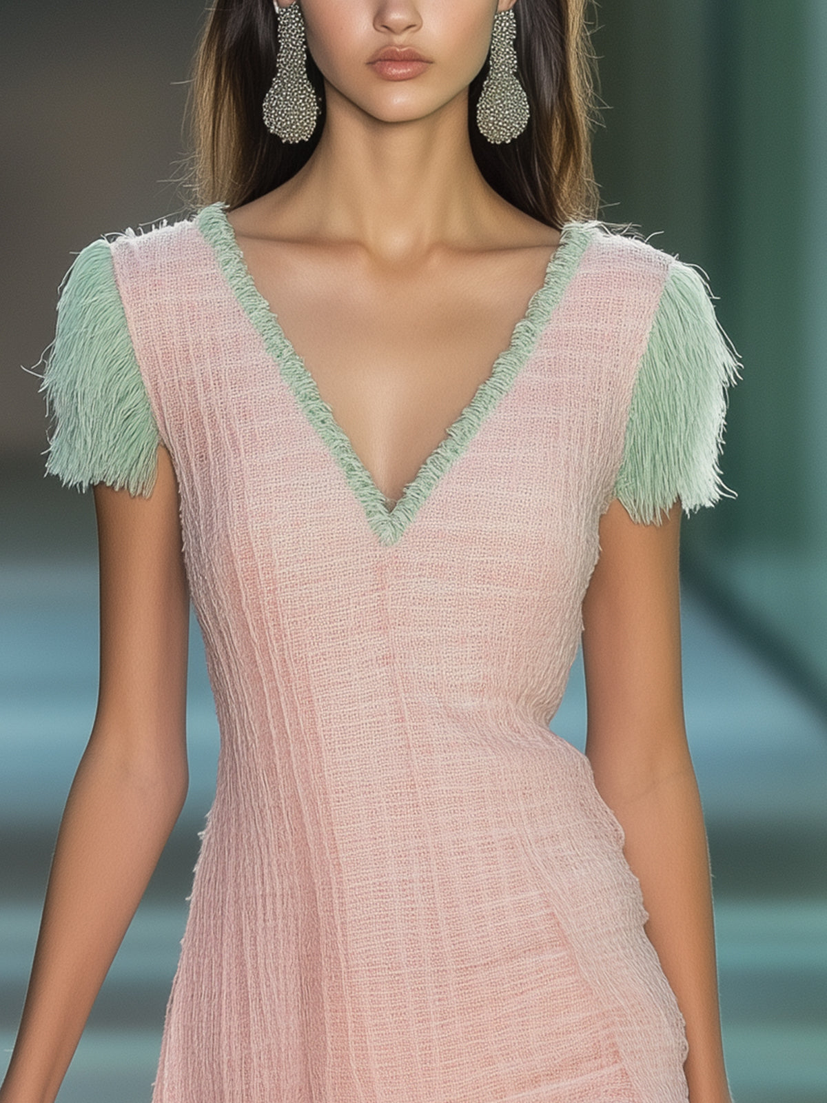 Pink Fringed Knit Mini Dress With Mint Green Accents