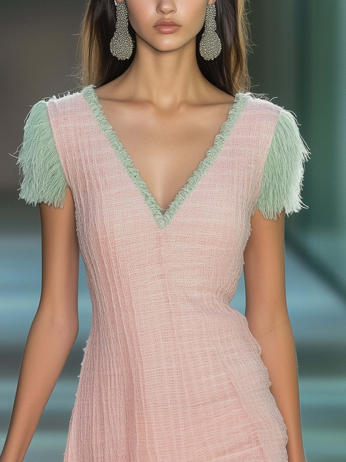 Pink Fringed Knit Mini Dress With Mint Green Accents