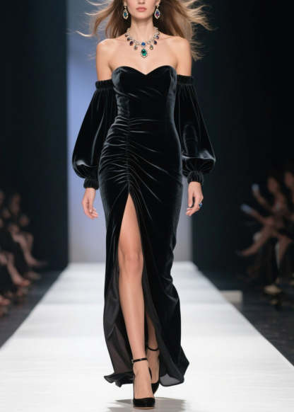 Fine Cold Shoulder Side Open Velvet Long Dress Fall