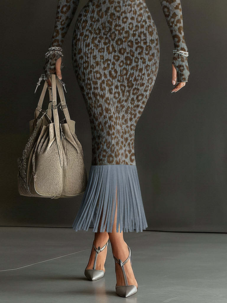 Blue  Leopard Print Knit Fringe Bodycon Dress