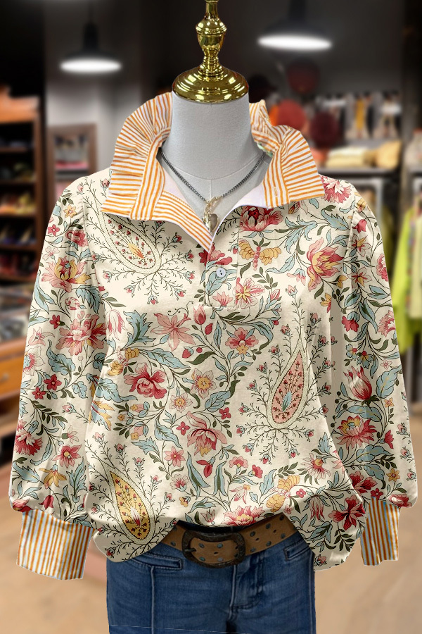 Paisley Floral Print Striped Blouse