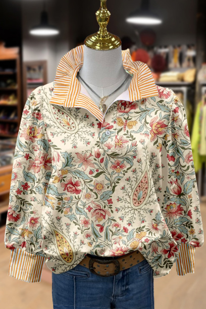 Paisley Floral Print Striped Blouse