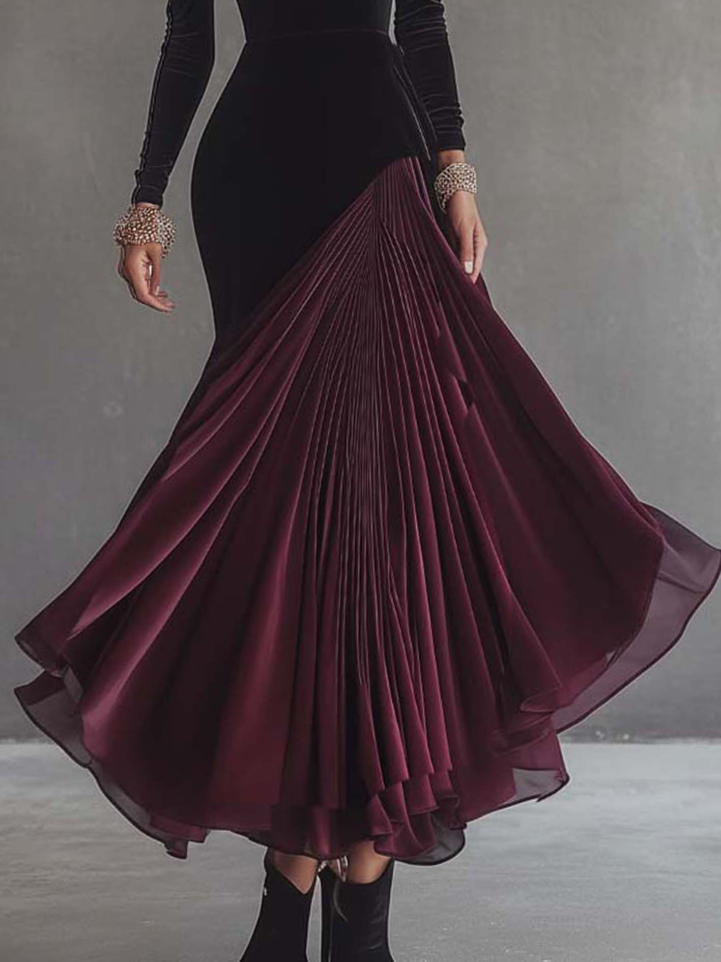 Cold Shoulder Stitching Burgundy Black Velvet Skater Dress