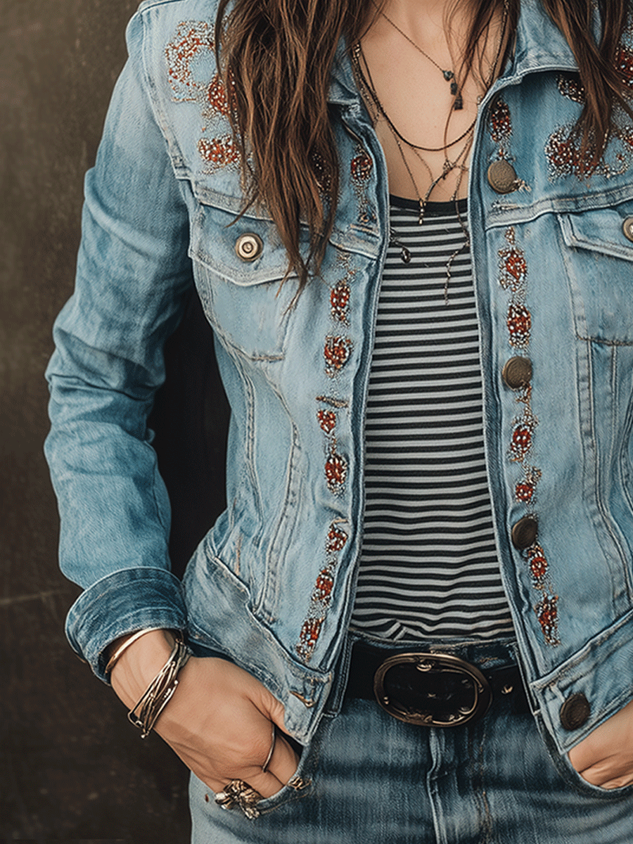 Casual Bohemian Light Washed Embroidered Denim Jacket