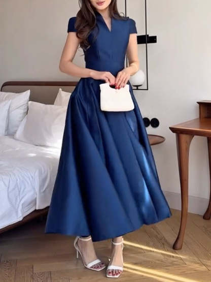 Elegant Dark Blue V-neck Long Dress