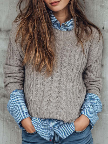 Classic Crewneck Taupe Cable Knit Pullover Sweater
