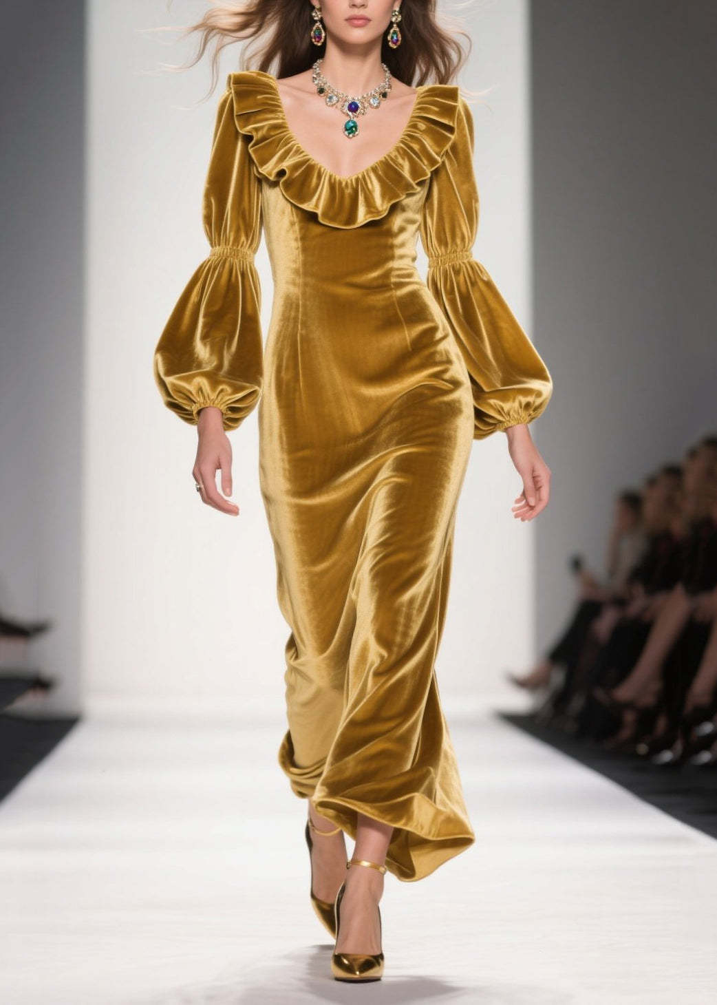 Original Design Yellow Ruffled Patchwork Velvet Long Dress Fall