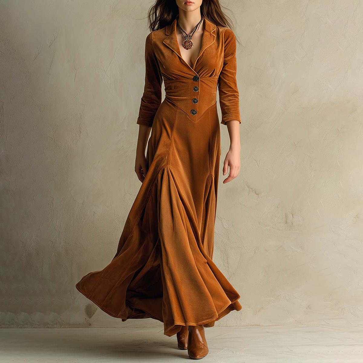 Elegant Velvet Long Dress for Women - Shawl Collar, Flowy Skirt, Fall 