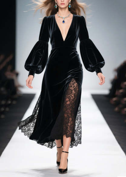French Black V Neck Patchwork Hollow Out Silk Velvet Dress Spring