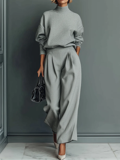 Grey Blended Sweatshirt Wide-Leg Pants Set