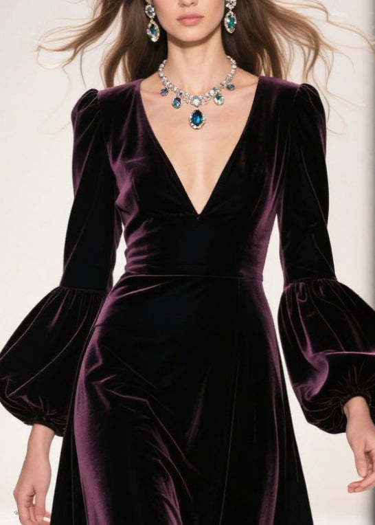 Dull Purple Patchwork Silk Velvet Maxi Dresses Deep-V Neck Lantern Sleeve