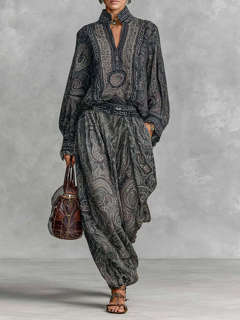 Vintage Paisley Print Long Sleeve Shirt Trousers Two-piece Set