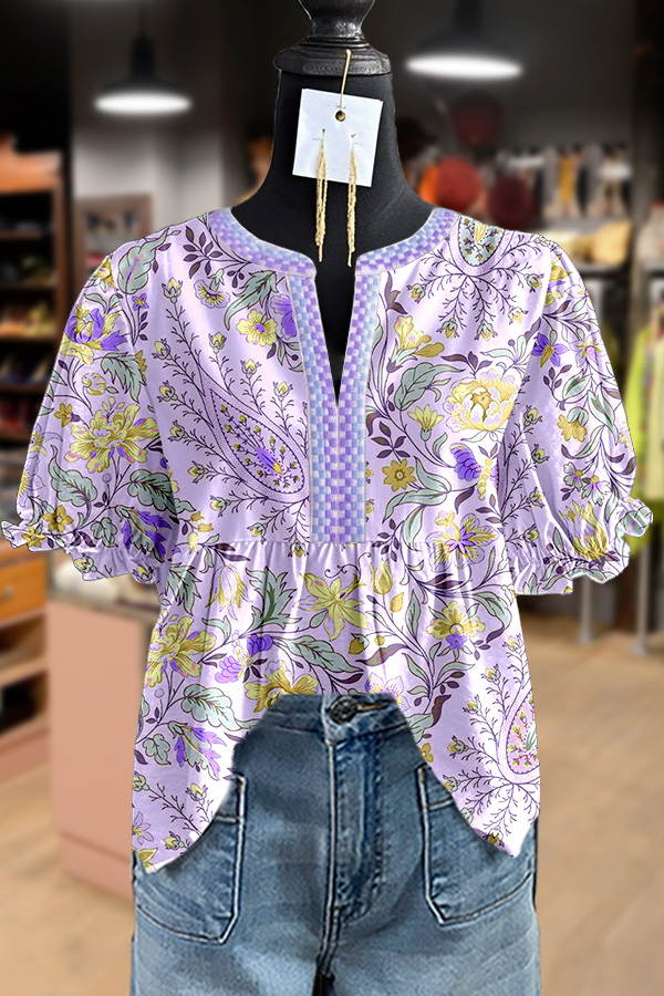 Vintage Floral Print Puff Sleeve Top