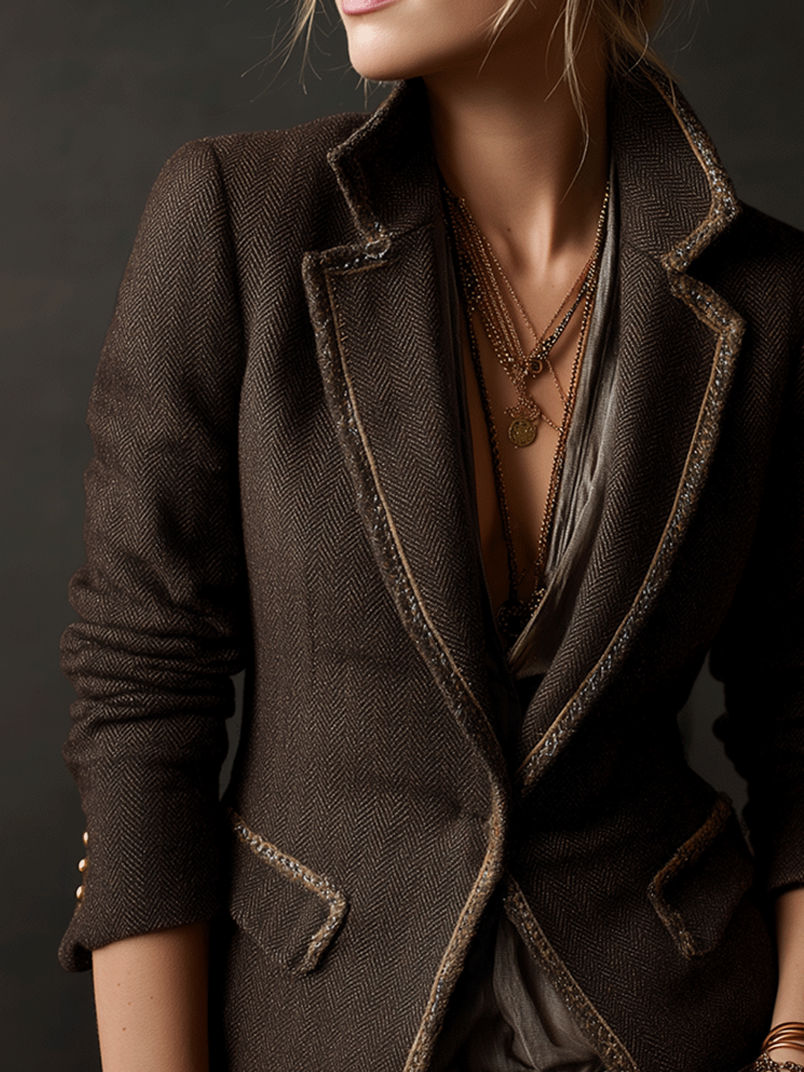 Vintage-Inspired Contrast Edges Chocolate Brown Blazer