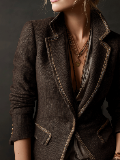 Vintage-Inspired Contrast Edges Chocolate Brown Blazer