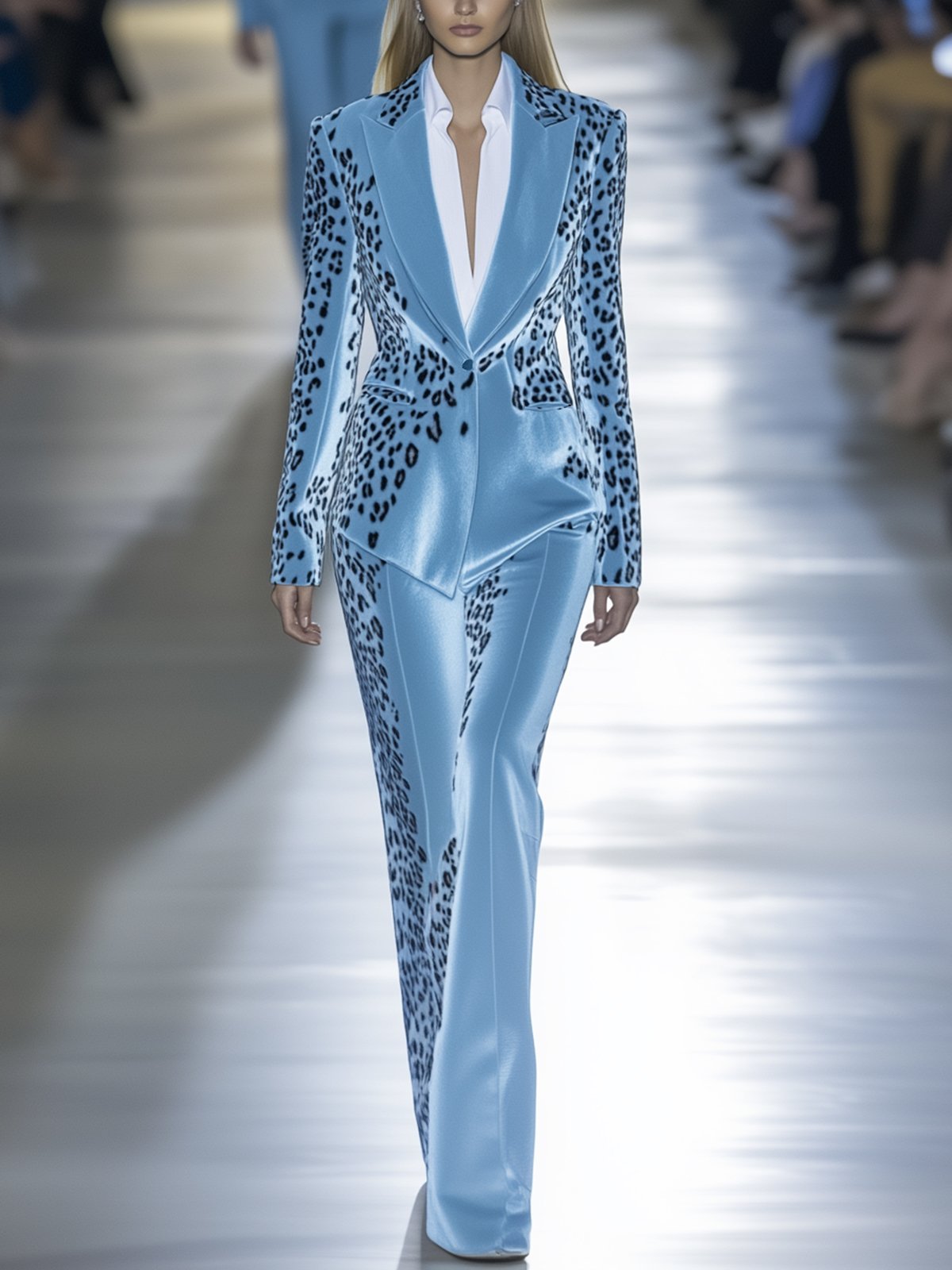 Shipping Sky Blue Velvet Leopard Print Blazer And Pants Suit