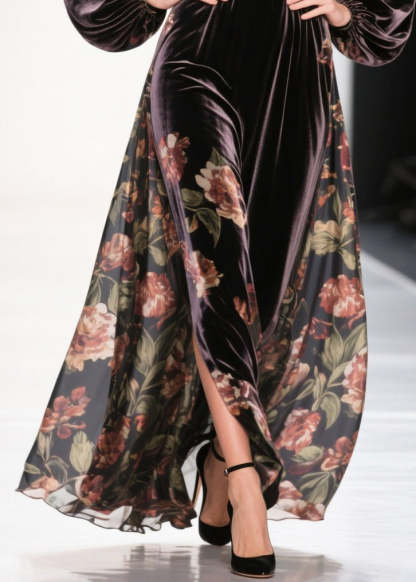 Plus Size Chocolate Exra Large Hem Patchwork Print Silk Velvet Dress Spring