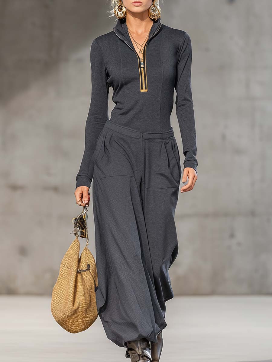 Half-mocked zip-up top and wide-leg pants set