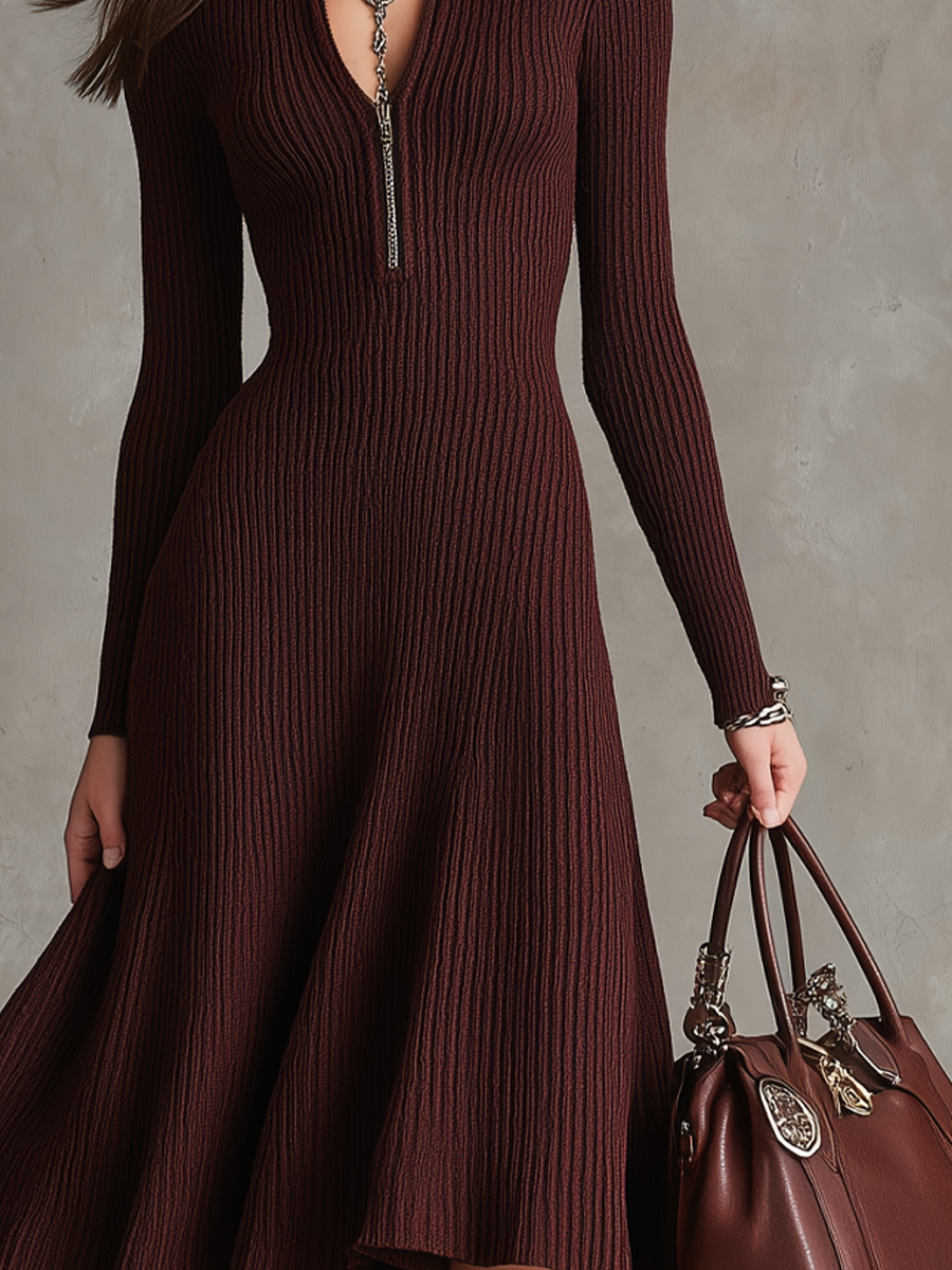 Vintage Zipper Neck Ribbed Knit Midi Dress