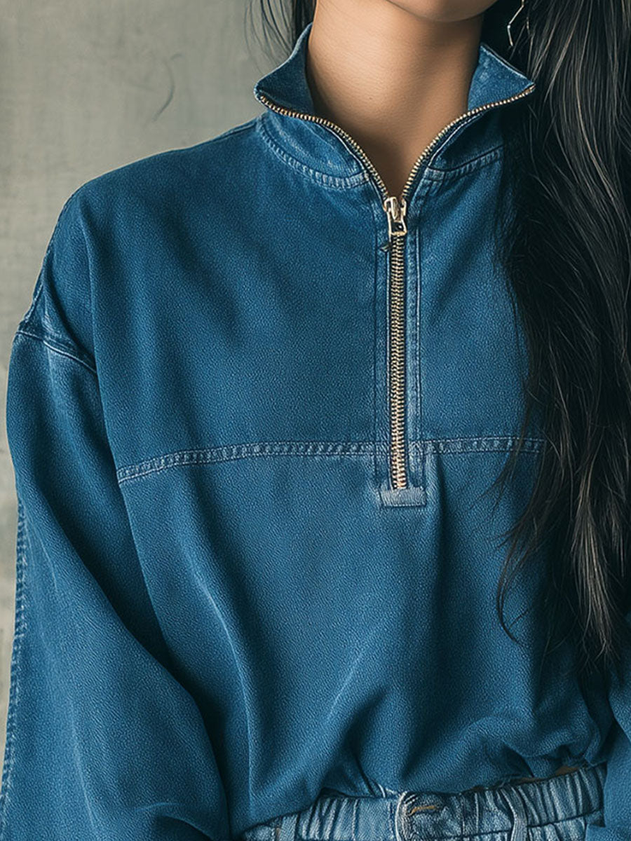 Casual Stand Collar Half-Zip Denim Pullover Sweatshirt