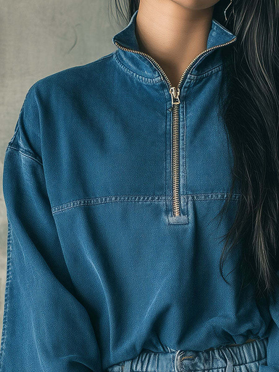 Casual Stand Collar Half-Zip Denim Pullover Sweatshirt