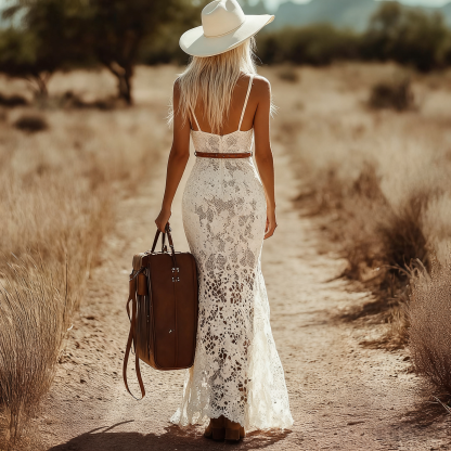 Women's Retro Bohemian White Lace Sleeveless Maxi Dress