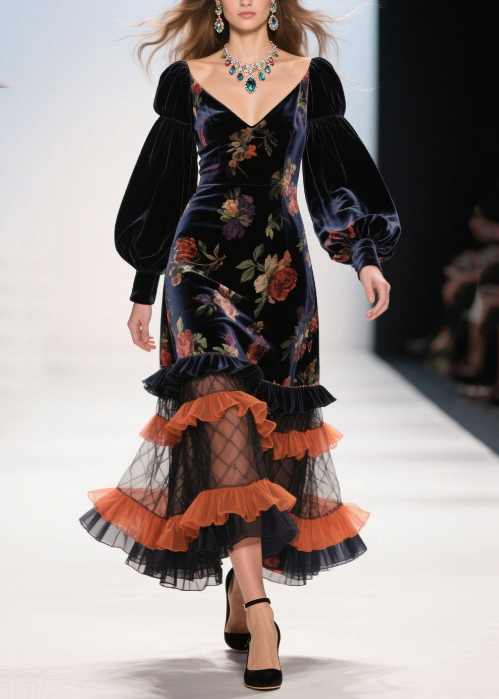 Modern Black Ruffled Patchwork Print Silk Velvet Evening Dress Spring