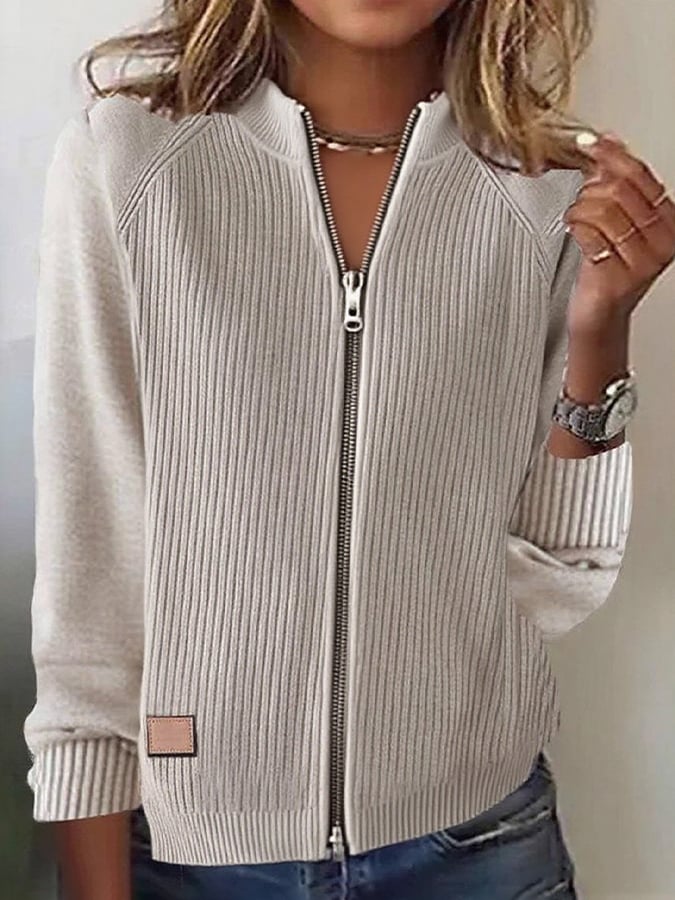Women'S Autumn And Winter Zipper Long-Sleeved Patchwork Sweater