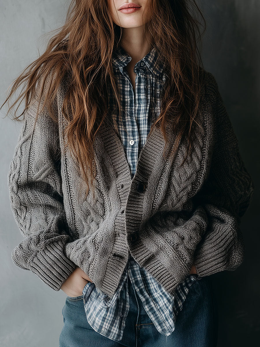 Chunky Grey Button-Front Cable Knit Cardigan