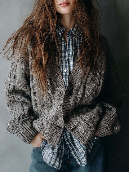 Chunky Grey Button-Front Cable Knit Cardigan